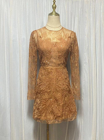 And Summer Lace Dress Long-Sleeved Three-Dimensional Petals Curry Short Skirt